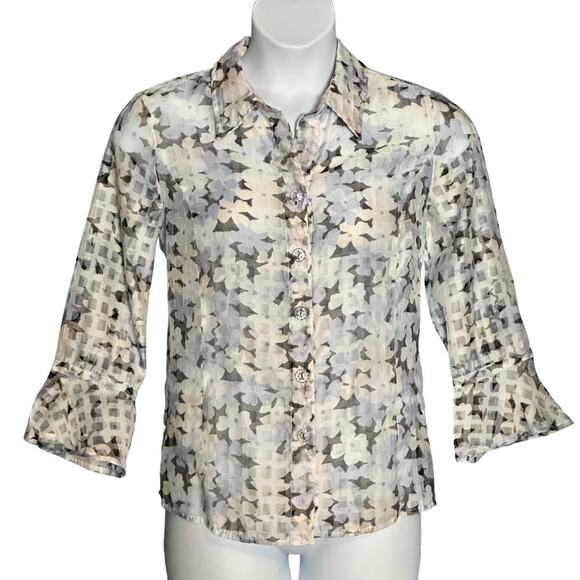 Draper's & Damon's Blouse & Tank Top Set Medium Textured Blue Floral Bell Sleeve - Picture 3 of 11